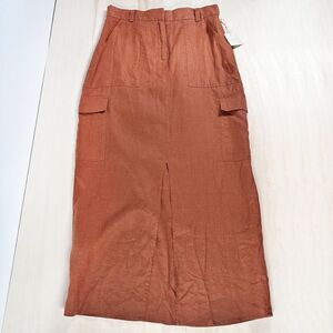 Magaschoni 100%‎ Linen Cargo Midi Skirt Rust Orange Size 8 $178 NWT  Long
